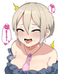 Rule 34 | 1girl, after fellatio, black eyes, breasts, cleavage, condom, condom necklace, cum, earrings, facial, grey hair, highres, idolmaster, idolmaster cinderella girls, jewelry, large breasts, necklace, open mouth, shiomi syuko, short hair, simple background, solo, stray pubic hair, takato kurosuke, tongue, tongue out, used condom, white background