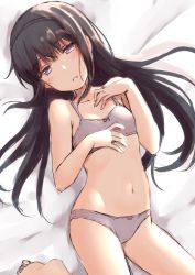 Rule 34 | 1girl, akemi homura, bare arms, bare shoulders, barefoot, bed sheet, black hair, blush, bow, bow bra, bow panties, bra, breasts, collarbone, commentary, copyright request, grey bra, grey panties, hair between eyes, half-closed eyes, hands up, head tilt, long hair, lying, mahou shoujo madoka magica, mahou shoujo madoka magica (anime), nagami yuu, navel, on back, panties, parted lips, purple eyes, small breasts, soles, solo, underwear, underwear only, very long hair