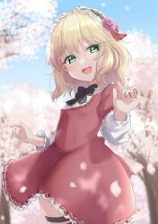 Rule 34 | 1girl, absurdres, black bow, black bowtie, blonde hair, blue sky, blush, bow, bowtie, cherry blossoms, day, dress, flower, frilled hairband, frills, green eyes, hair flower, hair ornament, hairband, highres, idolmaster, idolmaster cinderella girls, lolita hairband, looking at viewer, minamoto tarou, open mouth, outdoors, pink flower, pink rose, red dress, rose, sakurai momoka, short hair, sky, smile, solo, striped clothes, striped thighhighs, thighhighs, tree, wavy hair