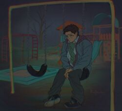 Rule 34 | 1boy, bare tree, black hair, blue eyes, castiel, facial hair, fluffsnake, full body, highres, hood, hoodie, male focus, mature male, night, official alternate costume, outdoors, playground, short hair, sitting, solo, stubble, supernatural (tv series), swing set, tree