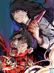 Rule 34 | 1boy, 1girl, black hair, blood, blood on face, blood on hands, chainsaw man, collared shirt, cross scar, dress, facial scar, floating hair, guro, highres, holding, holding weapon, long hair, looking at viewer, open mouth, pinafore dress, renshena, scar, scar on cheek, scar on face, screaming, severed head, shirt, short hair, sleeveless dress, tanaka (chainsaw man), weapon, white shirt, yoru (chainsaw man)