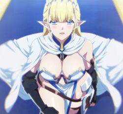 Rule 34 | 1girl, anime screenshot, black gloves, blonde hair, blue eyes, breasts, cape, cleavage, clothing cutout, dress, elf, gloves, hazurewaku no joutai ijou skill de saikyou ni natta ore ga subete wo juurin suru made, highres, kneeling, large breasts, legs, long hair, looking at viewer, navel cutout, open mouth, pointy ears, seras ashrain, smile, stitched, thighs, third-party edit, white cape, white dress