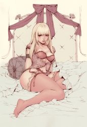 Rule 34 | 1girl, arms behind back, bed, blanket, blonde hair, blunt bangs, bow, breasts, cleavage, collarbone, emilie de rochefort, frilled shirt, frills, jasmin darnell, large breasts, long hair, navel, no shoes, on bed, panties, parted lips, pillow, pink bow, pink panties, pink shirt, pink thighhighs, red eyes, restrained, shirt, sitting, solo, teeth, tekken, thighhighs, thighs, underwear