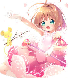 Rule 34 | 1girl, :d, antenna hair, bare shoulders, branch, brown hair, cardcaptor sakura, cherry blossoms, commentary, detached sleeves, flower, flower wreath, frilled skirt, frills, fuuin no tsue, gloves, green eyes, hair flower, hair ornament, highres, holding, kero (cardcaptor sakura), kinomoto sakura, kneehighs, makuran, name connection, object namesake, open mouth, outstretched arms, petals, petticoat, pink skirt, short hair, short sleeves, simple background, skirt, sleeveless, smile, socks, solo, wand, white background, white gloves, white socks