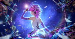 Rule 34 | 1girl, ahoge, arm tattoo, benghuai xueyuan, black gloves, bodysuit, detached sleeves, facing to the side, galaxy, gloves, grey eyes, headphones, highres, honkai (series), honkai impact 3rd, looking at viewer, multicolored hair, pink eyes, purple hair, purple sleeves, short hair, sin mal, sin mal0909, solo, space, split-color hair, star (symbol), starry background, tattoo, tight clothes, white bodysuit