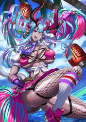 Rule 34 | 1girl, absurdres, artist request, ass, bikini, bikini under clothes, blue hair, blue sky, blush, breasts, cheerleader, colored skin, curvy, drill hair, eyeliner, fate/grand order, fate (series), grey skin, hair between eyes, highres, horns, ibuki douji (fate), ibuki douji (swimsuit berserker) (fate), jumping, kiss, large breasts, lips, long hair, looking at viewer, makeup, multicolored hair, nail polish, one eye closed, oni horns, open clothes, open shirt, palm tree, pink bikini, pink hair, pointy ears, pom pom (cheerleading), red eyes, shiny skin, sidelocks, sky, solo, sweat, swimsuit, thong bikini, tree, twin drills, very long hair, water, wide hips, wink