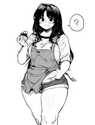 Rule 34 | 1girl, ?, apron, bare shoulders, belly grab, blush, breasts, cleavage, collarbone, commentary request, cowboy shot, cupcake, eating, food, food on face, fukumaaya, greyscale, hair over breasts, highres, holding, holding food, large breasts, long hair, looking at viewer, monochrome, parted bangs, parted hair, plump, short shorts, shorts, smile, solo, speech bubble, standing, tareme, thick thighs, thighs, very long hair, weight conscious, white background
