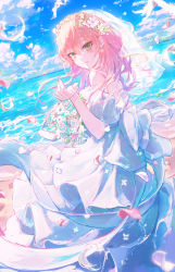 Rule 34 | 1girl, absurdres, back bow, blue sky, blush, bouquet, bow, bridal veil, bride, cloud, dress, falling feathers, falling petals, feathers, floating hair, flower, fuunyon, head wreath, highres, holding, holding bouquet, idolmaster, idolmaster cinderella girls, jougasaki mika, light smile, looking at viewer, looking back, off-shoulder dress, off shoulder, petals, pink hair, reaching, reaching towards viewer, sky, solo, veil, wedding dress, white dress