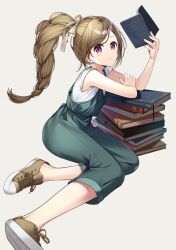 Rule 34 | 1girl, arm support, blush, bon (bonbon315), book, book stack, bow, brown hair, full body, grey overalls, hair bow, hand up, high ponytail, highres, holding, holding book, long hair, looking at viewer, original, overalls, purple eyes, shirt, shoes, simple background, sitting, solo, white shirt