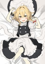 Rule 34 | 1girl, ahoge, apron, arms up, back bow, bad id, bad twitter id, bed, black dress, black hat, blonde hair, blouse, blush, bow, braid, buttons, crossed bangs, dress, eyes visible through hair, frills, grey apron, grey bow, grey shirt, hair between eyes, hair bow, hands up, hat, highres, jill 07km, kirisame marisa, looking at viewer, looking up, lying, nervous, no headwear, no shoes, on back, open mouth, puffy short sleeves, puffy sleeves, red bow, shirt, short hair, short sleeves, single braid, smile, socks, solo, sweat, sweatdrop, touhou, white socks, witch hat, yellow eyes
