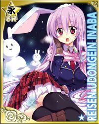 Rule 34 | 1girl, animal ears, boots, card (medium), character name, crescent moon, hand on head, hand on own face, inaba tewi, long hair, lying, maturiuta sorato, moon, necktie, open mouth, panties, pantyshot, pink panties, purple hair, rabbit ears, red eyes, red necktie, reisen udongein inaba, scarf, skirt, snow, snowing, snowman, solo, thighhighs, touhou, twisted torso, underwear, very long hair
