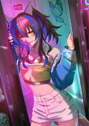 Rule 34 | 1girl, animal ears, bare shoulders, blue hair, blue jacket, breasts, brown hair, cleavage, collarbone, commentary, cowboy shot, cropped jacket, daitaku helios (umamusume), doorway, ear covers, ear ornament, hair between eyes, hair ornament, hairclip, highres, horse ears, horse girl, horse tail, indoors, jacket, jewelry, long hair, long sleeves, looking at viewer, midriff, multicolored hair, multicolored nails, murazo (0606), nail polish, navel, necklace, off shoulder, open clothes, open jacket, parted lips, ponytail, short shorts, shorts, sidelocks, small breasts, smile, solo, standing, star (symbol), star hair ornament, strapless, streaked hair, tail, tube top, two-tone hair, umamusume, white shorts, yellow eyes