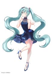 Rule 34 | 1girl, ;), absurdres, ahoge, ankle ribbon, aqua eyes, arm tattoo, artist name, bare arms, bare legs, blue dress, blue flower, blue footwear, blue hair, blue rose, closed mouth, collarbone, dress, finger to mouth, floating hair, flower, hair flower, hair ornament, hatsune miku, high heels, highres, index finger raised, leg ribbon, long hair, one eye closed, ribbon, roncle (roncle1), rose, short dress, simple background, sleeveless, sleeveless dress, smile, solo, standing, standing on one leg, tattoo, twintails, very long hair, vocaloid, white background