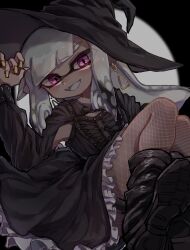 Rule 34 | 1girl, black background, black dress, black footwear, black hair, boots, commentary request, dangle earrings, dark-skinned female, dark skin, dress, earrings, fangs, fishnet pantyhose, fishnets, frilled dress, frills, grey hair, hat, highres, inkling, inkling girl, inkling player character, jewelry, long hair, multicolored hair, nintendo, open mouth, pantyhose, pink eyes, pointy ears, skin fangs, smile, solo, splatoon (series), tentacle hair, thick eyebrows, two-tone background, two-tone hair, white background, witch hat, yellow nails, yksb inc6
