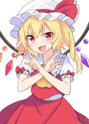 Rule 34 | 1girl, ascot, blonde hair, blush, crystal, double v, e.o., fang, flandre scarlet, hair between eyes, hat, highres, long hair, mob cap, open mouth, red eyes, red skirt, red vest, shirt, short sleeves, side ponytail, simple background, skin fang, skirt, smile, solo, touhou, upper body, v, vest, white background, white hat, white shirt, wings, yellow ascot