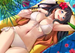 Rule 34 | 1girl, absurdres, arm above head, armpits, bikini, black hair, blue eyes, blurry, blush, bracer, breasts, brown hair, cleavage, colored inner hair, commentary request, depth of field, flower, hair flower, hair ornament, hibiscus, highres, inflatable raft, long hair, looking at viewer, lying, medium breasts, multicolored hair, navel, open mouth, original, outdoors, palm leaf, petals, petals on liquid, smile, solo, stomach, swimsuit, two-tone hair, white bikini, yoshimoto (carpsukidayo)