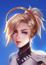 Rule 34 | 1girl, absurdres, backlighting, blonde hair, blue background, blue eyes, blue sky, bodysuit, close-up, closed mouth, day, eyebrows, eyelashes, eyeliner, halo, high ponytail, highres, light smile, lipgloss, lips, looking at viewer, makeup, mechanical halo, mercy (overwatch), no wings, nose, outdoors, overwatch, overwatch 1, pink lips, portrait, realistic, short hair, signature, simple background, sky, solo, white bodysuit, yimoduo