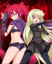Rule 34 | 2girls, aq interactive, arcana heart, arcana heart 3, ass, atlus, back, blonde hair, butt crack, cape, chain, detached sleeves, examu, latex, long hair, looking back, multiple girls, open mouth, pantyhose, red eyes, red hair, scharlachrot, shimo (depthbomb), shorts, skirt, thighhighs, twintails, weiss