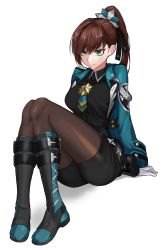 Rule 34 | 1girl, absurdres, black pantyhose, black shirt, black shorts, black survival, blouse, boots, breasts, brown hair, collared shirt, commission, fiora pellerin, gloves, green eyes, hair between eyes, highres, jacket, large breasts, obex117, official alternate costume, pantyhose, pantyhose under shorts, pixiv commission, ponytail, shirt, shorts, simple background, tagme, white background, white gloves