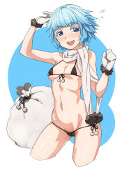 Rule 34 | 1girl, :d, arm up, bare shoulders, bikini, black bikini, black ribbon, blue background, blue eyes, blue hair, blush, breasts, caee penguin, cameltoe, cleavage, collarbone, colored eyelashes, covered erect nipples, cropped legs, flying sweatdrops, front-tie bikini top, front-tie top, fur trim, gloves, granado espada, groin, highres, looking at viewer, lowleg, matching hair/eyes, micro bikini, navel, open mouth, pom pom (clothes), ribbon, round teeth, sack, scarf, short hair, simple background, narrow waist, small breasts, smile, solo, stomach, swimsuit, teeth, underboob, white gloves, white scarf