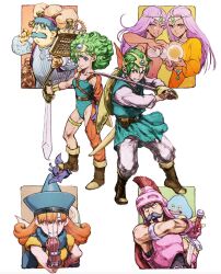 Rule 34 | 3boys, 4girls, alena (dq4), backpack, bag, blue hair, blue hat, blue leotard, boots, brown footwear, claw (weapon), closed mouth, coin, commentary request, dark-skinned female, dark skin, dracky, dragon quest, dragon quest iv, everyone, facial hair, green hair, hat, helmet, hero (dq4), heroine (dq4), highres, holding, holding coin, holding sword, holding weapon, iwamoto tatsurou, leotard, long hair, manya (dq4), minea (dq4), multiple boys, multiple girls, mustache, navel, one eye closed, orange eyes, orange hair, purple eyes, purple hair, ryan (dq4), simple background, slime (dragon quest), smile, sword, teeth, tiara, torneko, v-shaped eyebrows, weapon, white background, winged helmet, witch hat