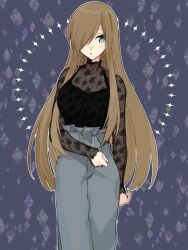 Rule 34 | 1girl, alternate costume, aomattya, belt, belt buckle, black tank top, blouse, blue belt, blue pants, breasts, brown hair, buckle, casual, feet out of frame, floral print, hair over one eye, highres, large breasts, light blush, long hair, long sleeves, looking at viewer, one eye covered, pants, parted lips, patterned background, print shirt, see-through, see-through shirt, see-through sleeves, shirt, sidelocks, solo, swept bangs, tales of (series), tales of the abyss, tank top, tear grants