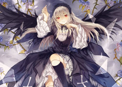 Rule 34 | 1girl, black dress, black wings, blue flower, blue rose, doll joints, dress, flower, gothic lolita, hairband, joints, koyuiko, layered dress, lolita fashion, lolita hairband, long hair, long sleeves, looking at viewer, red eyes, rose, rozen maiden, silver hair, smile, solo, suigintou, very long hair, white dress, wide sleeves, wings