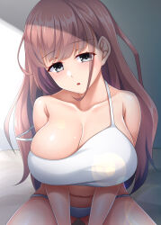 Rule 34 | 1girl, atlanta (kancolle), blunt bangs, breasts, brown hair, cleavage, collarbone, crop top, green eyes, highres, kantai collection, large breasts, long hair, looking at viewer, open mouth, ruin re birth, sitting, solo