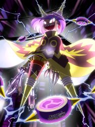 Rule 34 | 1girl, black cape, bob cut, cable, cape, character name, claws, commentary request, dark-skinned female, dark skin, dynatron (mighty no. 9), electricity, eye trail, frayed cable, glowing, glowing eyes, horns, joints, light trail, looking at viewer, mighty no. 9, mitsudomoe (shape), multicolored cape, multicolored clothes, napo, no feet, open mouth, pink eyes, purple hair, robot, robot ears, robot joints, sharp teeth, short hair, slit pupils, smile, solo, teeth, tomoe (symbol), yellow cape