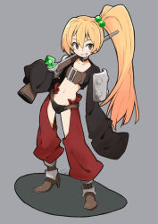 Rule 34 | 1girl, arm at side, black panties, blonde hair, boots, brave fencer musashiden, brown choker, brown eyes, brown footwear, chaps, choker, collarbone, full body, grey background, grin, groin, gun, hair between eyes, high heel boots, high heels, high ponytail, holding, holding gun, holding weapon, io naomichi, legs apart, liquor (musashiden), long hair, midriff, navel, over shoulder, panties, rifle, side ponytail, simple background, sleeves past fingers, sleeves past wrists, smile, solo, standing, stomach, underwear, very long hair, weapon, weapon over shoulder