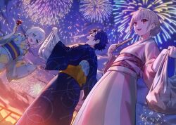 Rule 34 | 1boy, 2girls, ars almal, astel leda, asumi sena, bag, blue eyes, blue hair, blush, candy apple, closed eyes, earrings, fireworks, food, hair between eyes, hair bun, hand fan, highres, holding, holding bag, holostars, japanese clothes, jewelry, kimono, laughing, looking at another, looking at viewer, multicolored hair, multiple earrings, multiple girls, nemoto yuuma, night, night sky, nijisanji, open mouth, pink eyes, pink hair, plastic bag, print kimono, sash, short hair, short twintails, sidelighting, sky, smile, streaked hair, summer festival, sunset, teeth, twintails, upper teeth only, virtual youtuber, vspo!, white hair, yellow sash