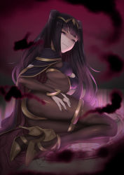 Rule 34 | 1girl, black hair, black nails, blunt bangs, bodystocking, bracelet, breasts, bridal gauntlets, cape, closed mouth, eyes visible through hair, fingernails, fire emblem, fire emblem awakening, hand on own thigh, high heels, highres, jewelry, long hair, looking at viewer, magic circle, medium breasts, nail polish, nintendo, no pupils, pink eyes, puchiman, purple background, ring, skin tight, solo, tharja (fire emblem), thighlet, tiara, two side up