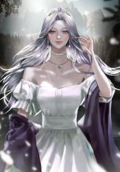 Rule 34 | 1girl, bare shoulders, bead choker, blurry, blurry background, choker, commission, cover, cover page, dress, earrings, haseonyeon, highres, jewelry, korean commentary, long hair, looking at viewer, multicolored hair, necklace, novel cover, off shoulder, original, purple eyes, purple hair, smile, solo, tiara, white dress, white hair