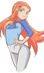 Rule 34 | 1girl, alternate hairstyle, ben 10, breasts, green eyes, gwen tennyson, hand on own hip, hand on own chest, highres, long hair, looking at viewer, orange hair, pants, seductive smile, shirt, small breasts, smile, solo