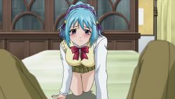 Rule 34 | 00s, 1boy, 1girl, all fours, animated, animated gif, bed, blue hair, blush, bouncing breasts, breasts, crawling, demon girl, hairband, hanging breasts, kurono kurumu, large breasts, looking at viewer, ponytail, pov, purple eyes, rosario+vampire, school uniform, short hair, skirt, demon girl, sweater vest, bouncing breasts, talking