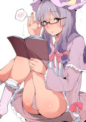Rule 34 | 1girl, adjusting eyewear, ass, bespectacled, book, bow, commentary request, dress, glasses, hair bow, hat, holding, holding book, long hair, looking at viewer, low-tied long hair, mob cap, multi-tied hair, no panties, patchouli knowledge, purple eyes, purple hair, sakurayu haru, simple background, socks, solo, spoken blush, thighs, touhou, white background