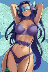 Rule 34 | 1girl, arms up, blue background, blush, breasts, breasts apart, butterfly hair ornament, butterfly wings, covered eyes, digimon, digimon (creature), digimon frontier, facial mark, fairimon, garter straps, gloves, gluteal fold, hair intakes, hair ornament, highres, insect wings, large breasts, lasterk, legs together, long hair, navel, parted lips, purple hair, purple thighhighs, revealing clothes, simple background, solo, standing, teeth, thigh gap, thighhighs, visor, wings