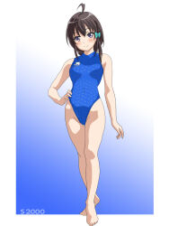 Rule 34 | 1girl, ahoge, alternate skin color, black hair, blue one-piece swimsuit, braid, braided ponytail, commentary request, competition swimsuit, covered navel, full body, gradient background, hal-py, hand on own hip, high school fleet, highleg, highleg swimsuit, highres, long hair, one-piece swimsuit, purple eyes, side braid, sidelocks, single braid, smile, solo, swimsuit, turtleneck one-piece swimsuit, uchida mayumi