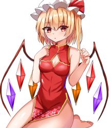 Rule 34 | 1girl, :o, alternate costume, arms up, bare arms, barefoot, blonde hair, breasts, china dress, chinese clothes, cleavage, cleavage cutout, clothing cutout, commentary, dress, flandre scarlet, hair between eyes, hand on own chest, hat, hat ribbon, heart, heart-shaped pupils, highres, holding, holding own hair, impossible clothes, impossible dress, kiui (dagk8254), looking at viewer, medium breasts, mob cap, one side up, red dress, red eyes, ribbon, seiza, short hair, simple background, sitting, solo, symbol-shaped pupils, touhou, white background, white hat, wings
