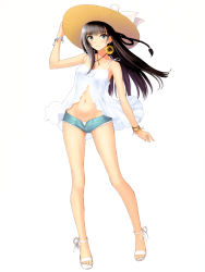 Rule 34 | 1girl, absurdres, arm at side, arm up, bare shoulders, black hair, blue eyes, bow, bowtie, bracelet, braid, breasts, collarbone, cutoffs, denim, denim shorts, earrings, feet, female focus, flower, flower earrings, full body, gluteal fold, hand on headwear, hat, highres, jewelry, legs, legs apart, long hair, looking at viewer, medium breasts, midriff, navel, no bra, original, panties, pinup (style), shoes, short shorts, shorts, simple background, sleeveless, smile, solo, standing, stomach, sun hat, sunflower, thigh gap, thighs, toeless footwear, toes, tony taka, underwear, white background, white bow, white panties
