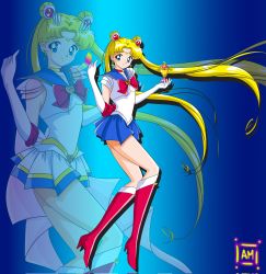 Rule 34 | 2girls, anello81, back bow, bare legs, bishoujo senshi sailor moon, blonde hair, blue eyes, blue sailor collar, blue skirt, boots, bow, chalice, choker, closed mouth, crescent, crescent earrings, crescent facial mark, cup, double bun, dual persona, earrings, elbow gloves, facial mark, floating hair, forehead mark, full body, gloves, hair bun, hair ornament, hands up, heart, heart choker, heart necklace, high heel boots, high heels, highres, holding, holding chalice, inner senshi, jewelry, long hair, looking at viewer, magical girl, miniskirt, multicolored clothes, multicolored skirt, multiple girls, neck, necklace, parted bangs, pleated skirt, red bow, red choker, red footwear, sailor collar, sailor moon, sailor senshi uniform, see-through, see-through sleeves, short sleeves, skirt, smile, standing, super sailor moon, tsukino usagi, twintails, very long hair, white gloves, yellow choker, zoom layer