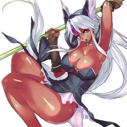 Rule 34 | 1girl, alternate color, armpits, black dress, breasts, cleavage, dark-skinned female, dark skin, dress, fighting stance, gloves, helmet, highres, holding, holding weapon, jewelry, large breasts, long hair, looking at viewer, low-tied long hair, necklace, negresco, open mouth, polearm, purple eyes, riesz, seiken densetsu, seiken densetsu 3, short dress, simple background, solo, spear, strapless, strapless dress, thighs, very long hair, weapon, white background, white hair, winged helmet