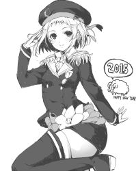 Rule 34 | 1girl, 2015, beret, blush, boots, chinese zodiac, commentary request, epaulettes, flower, from side, greyscale, happy new year, hat, highres, idol, kira tsubasa, looking at viewer, love live!, love live! school idol project, monochrome, new year, salute, sheep, shocking party, short hair, smile, solo, sumisu (mondo), thigh boots, thighhighs, year of the goat, year of the ox
