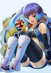 Rule 34 | 1girl, apple, blue hair, blue shorts, brown eyes, chest jewel, eating, fiery hair, food, fruit, glowing lines, hammer, high tops, highres, inuneco, leggings, sena (xenoblade), shorts, shoulder strap, sneakers, solo, sports bra, xenoblade chronicles (series), xenoblade chronicles 3