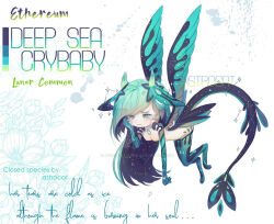 Rule 34 | 1girl, adoptable, animal ears, animal feet, artist name, astrocatsama, breasts, chest jewel, closed mouth, color guide, completely nude, constellation, crying, crying with eyes open, deformed, deviantart logo, deviantart username, english text, feathered wings, floral background, full body, furrowed brow, gem, green gemstone, green horns, green wings, horns, looking ahead, nipples, nude, original, simple background, small breasts, solo, star (sky), streaming tears, tail, tears, wavy mouth, white background, wings, wiping tears