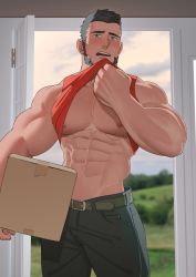 Rule 34 | 1boy, abs, bara, bare pectorals, beard, belt, black hair, black pants, blue eyes, box, clothes lift, cloud, cloudy sky, day, delivery, door, facial hair, holding, holding box, indoors, large pectorals, lifting own clothes, looking at viewer, male focus, muscular, muscular male, navel, nywlub (bulwyn), open door, open mouth, original, paid reward available, pants, pectorals, short hair, sky, sweat, sweatdrop, teeth, upper teeth only