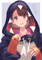 Rule 34 | 1girl, blush, brown eyes, brown hair, commentary request, cosplay, creatures (company), dress, eyelashes, game freak, gloria (pokemon), hands up, highres, hood, hood up, hoodie, long sleeves, nintendo, open mouth, peco-midori, pink dress, pokemon, pokemon swsh, raihan (pokemon), raihan (pokemon) (cosplay), short hair, sleeves past wrists, solo, teeth, tongue, upper teeth only