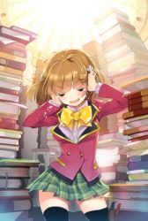 Rule 34 | 1girl, blazer, blunt bangs, book, bow, breasts, brown hair, cherrypin, closed eyes, dress shirt, hands on own head, jacket, lowres, lucca (sword girls), medium breasts, open mouth, plaid, plaid skirt, pleated skirt, school uniform, shirt, short hair, skirt, solo, sword girls, tears, thighhighs, too many, too many books, zettai ryouiki