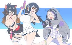 Rule 34 | +++, 3girls, alternate breast size, animal ears, australian devil (kemono friends), bare shoulders, bird tail, black hair, breasts, brown hair, camisole, chasing, cleavage, closed eyes, collarbone, dated, empty eyes, extra ears, eyepatch, facing another, fang, fleeing, gentoo penguin (kemono friends), giant penguin (kemono friends), grey hair, hair between eyes, highres, holding, holding water gun, huge breasts, jacket, kemono friends, laughing, long hair, long sleeves, looking at another, medical eyepatch, microskirt, multicolored hair, multiple girls, one eye covered, open mouth, orange hair, parted bangs, penguin tail, plaid, plaid shirt, plaid skirt, playing games, pleated skirt, purple hair, running, sandals, shirt, short sleeves, signature, skirt, smile, stomach, tail, tasmanian devil ears, tasmanian devil tail, two-tone hair, water gun, wet, yoshida hideyuki