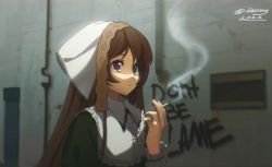 Rule 34 | 1girl, artist name, brown hair, cigarette, dress, english text, green dress, green eyes, heterochromia, highres, iceroy, long hair, looking to the side, outdoors, red eyes, rozen maiden, shaded face, solo, suiseiseki, upper body